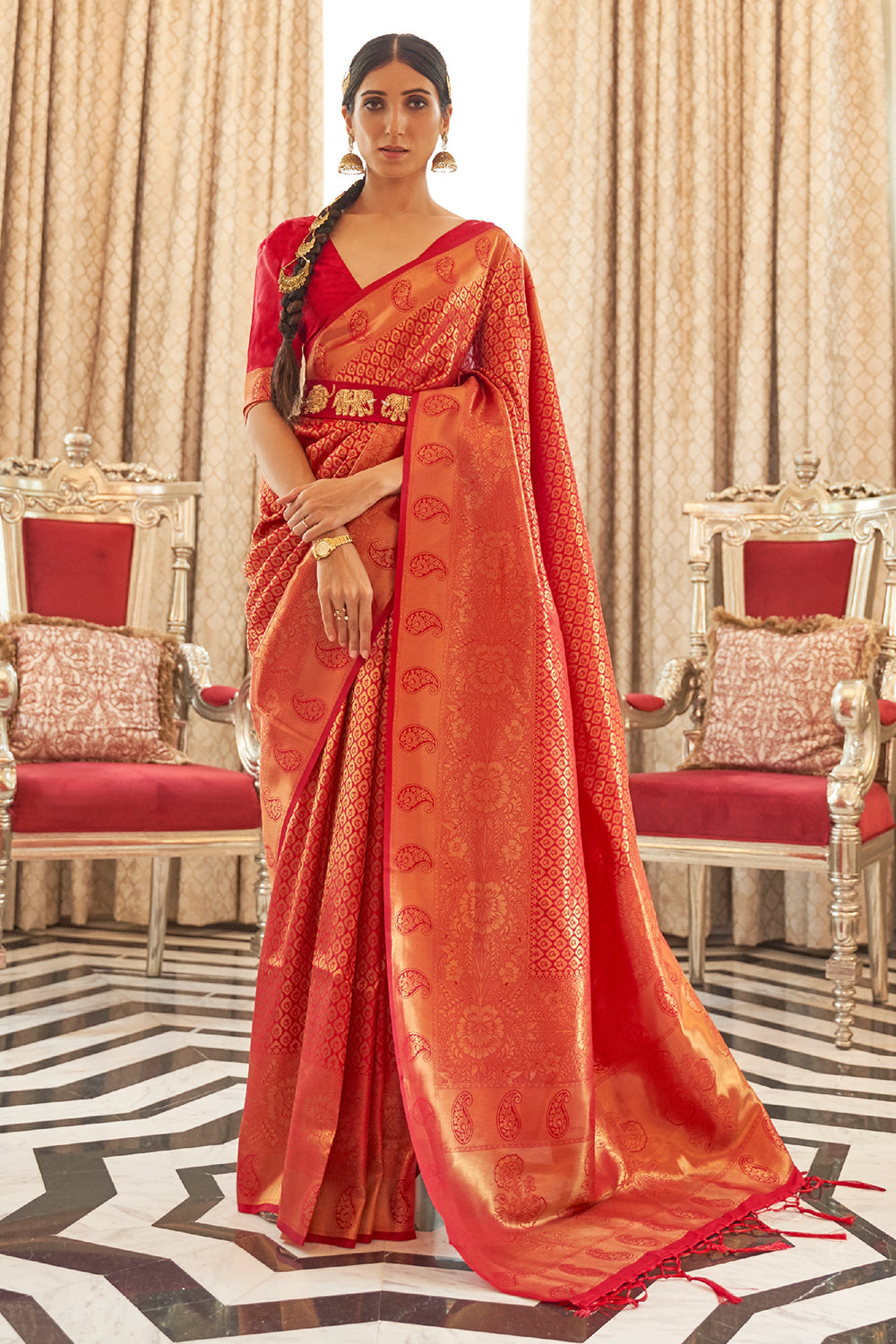 crimson red kanjivaram saree 5 3