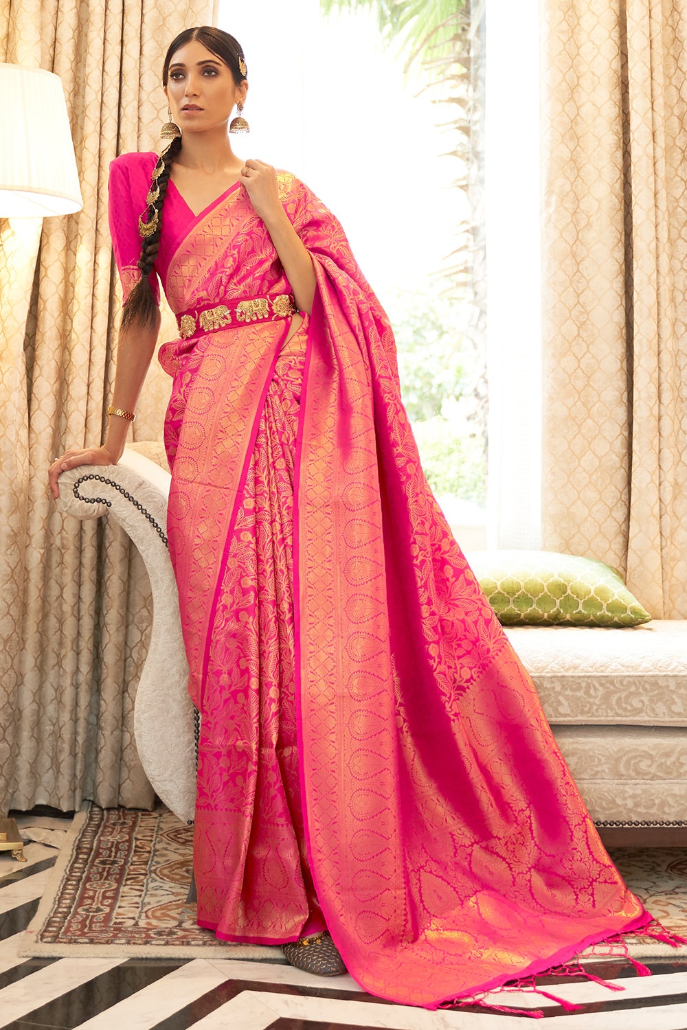 hot rose pink kanjivaram saree 1 3