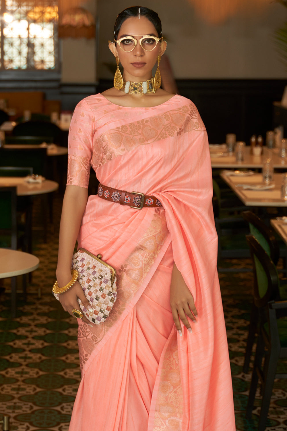 coral pink tussar silk saree 1