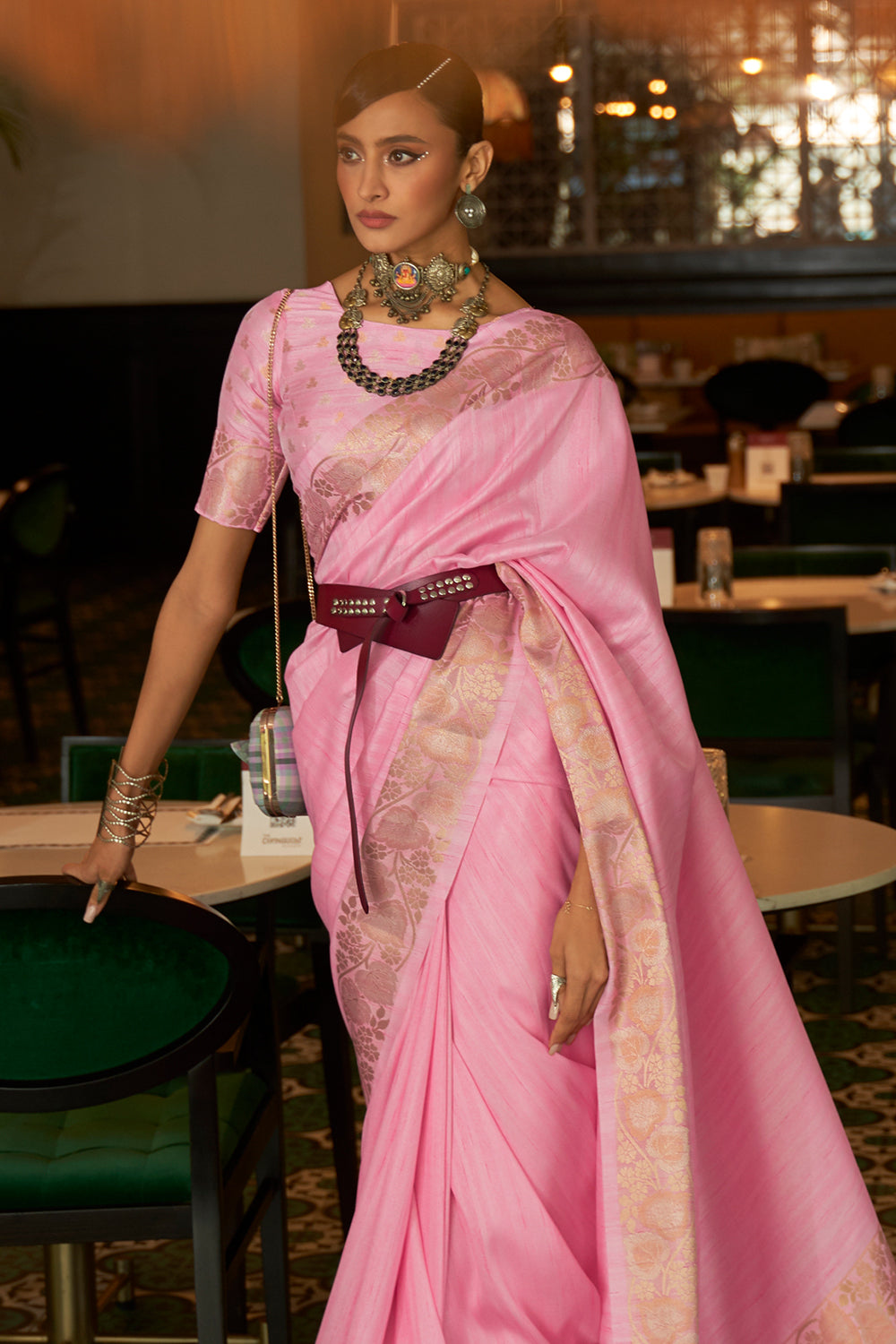 soft pink tussar silk saree 1