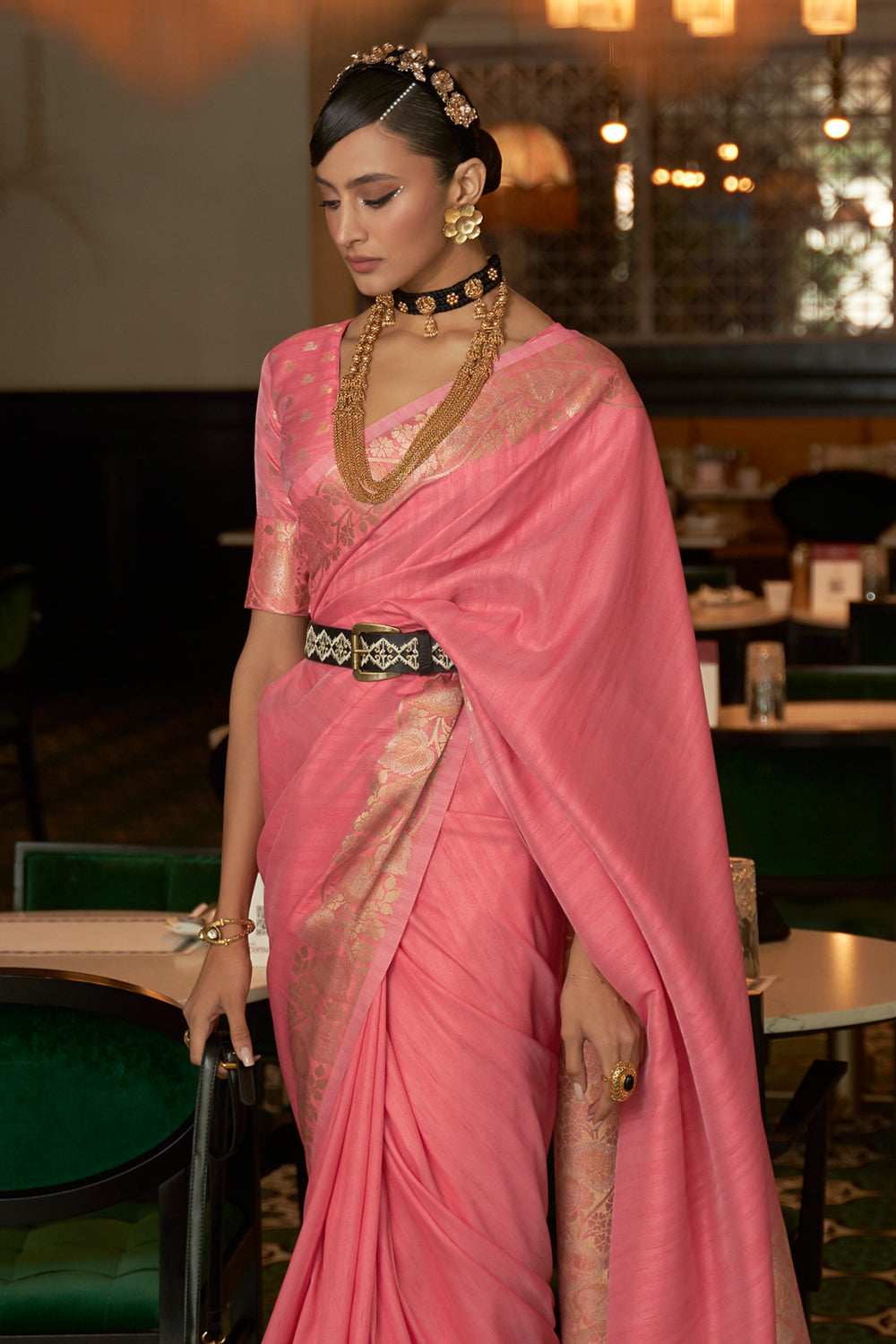 rose pink tussar silk saree 1