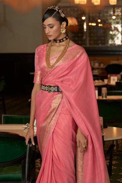 rose pink tussar silk saree 1