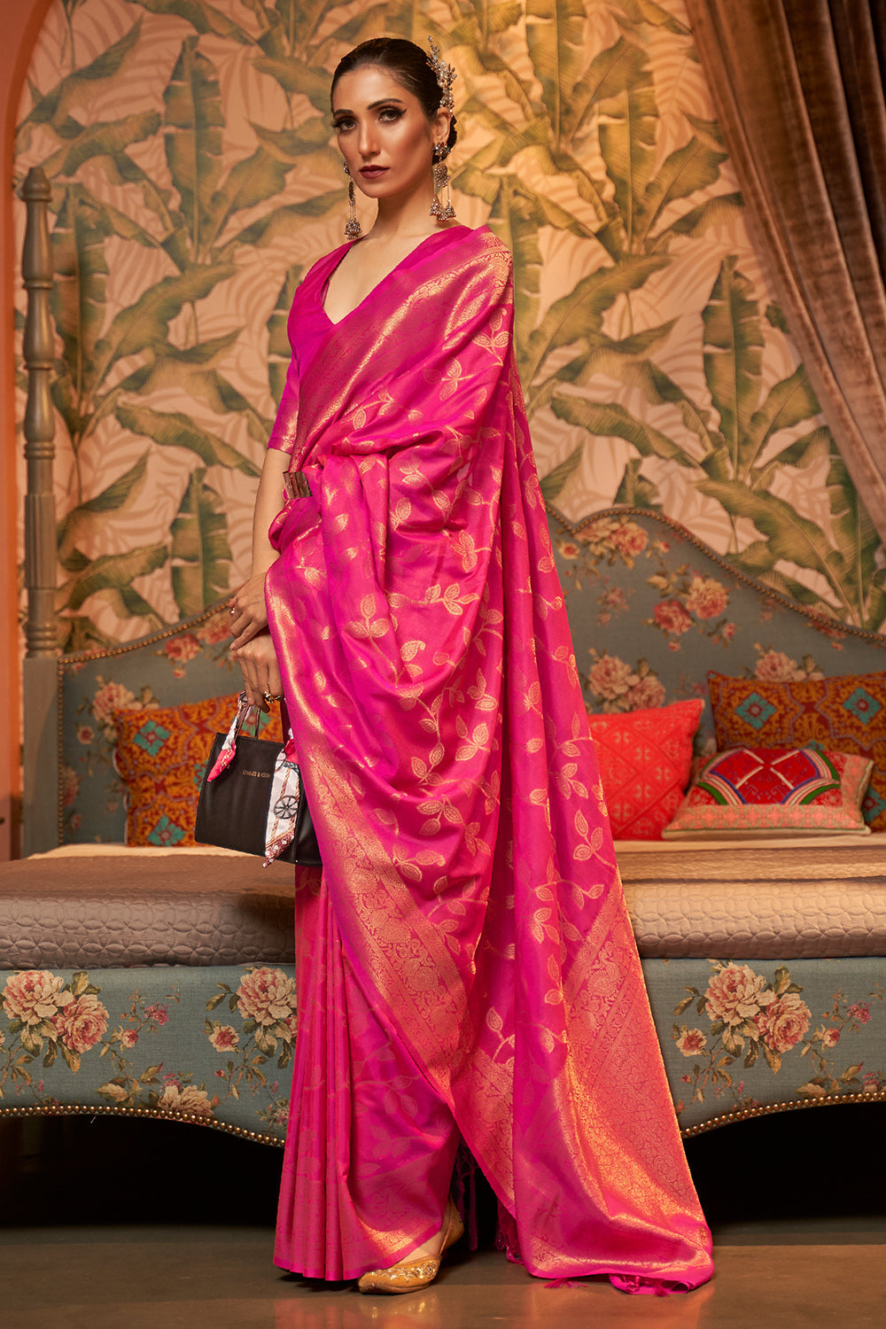 Pink Floral Saree with Dark Pink Kanjivaram Style Border | TST | The Silk  Trend