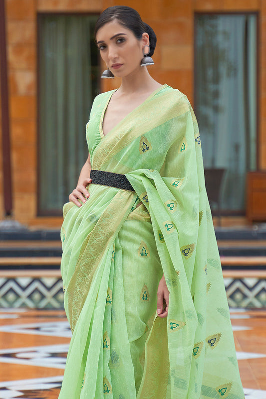 pastel green linen saree 1