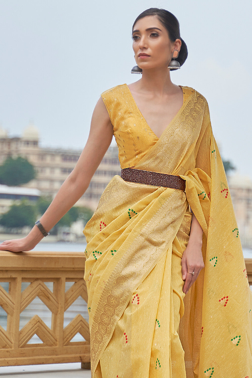 sunrise yellow linen saree 1