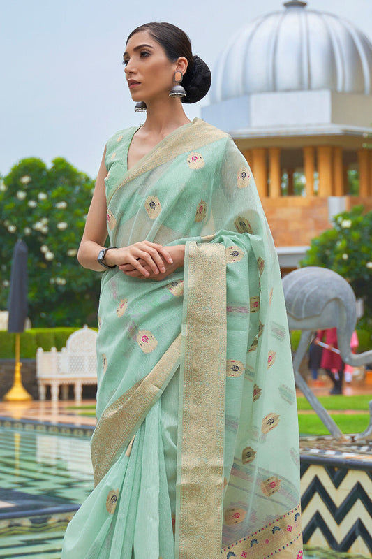 tiffany blue linen saree 1