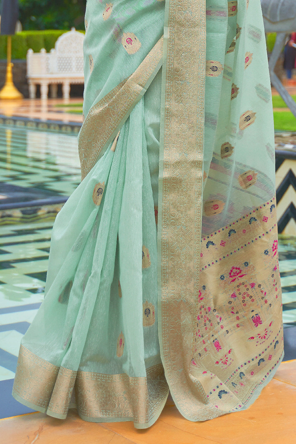 tiffany blue linen saree 2