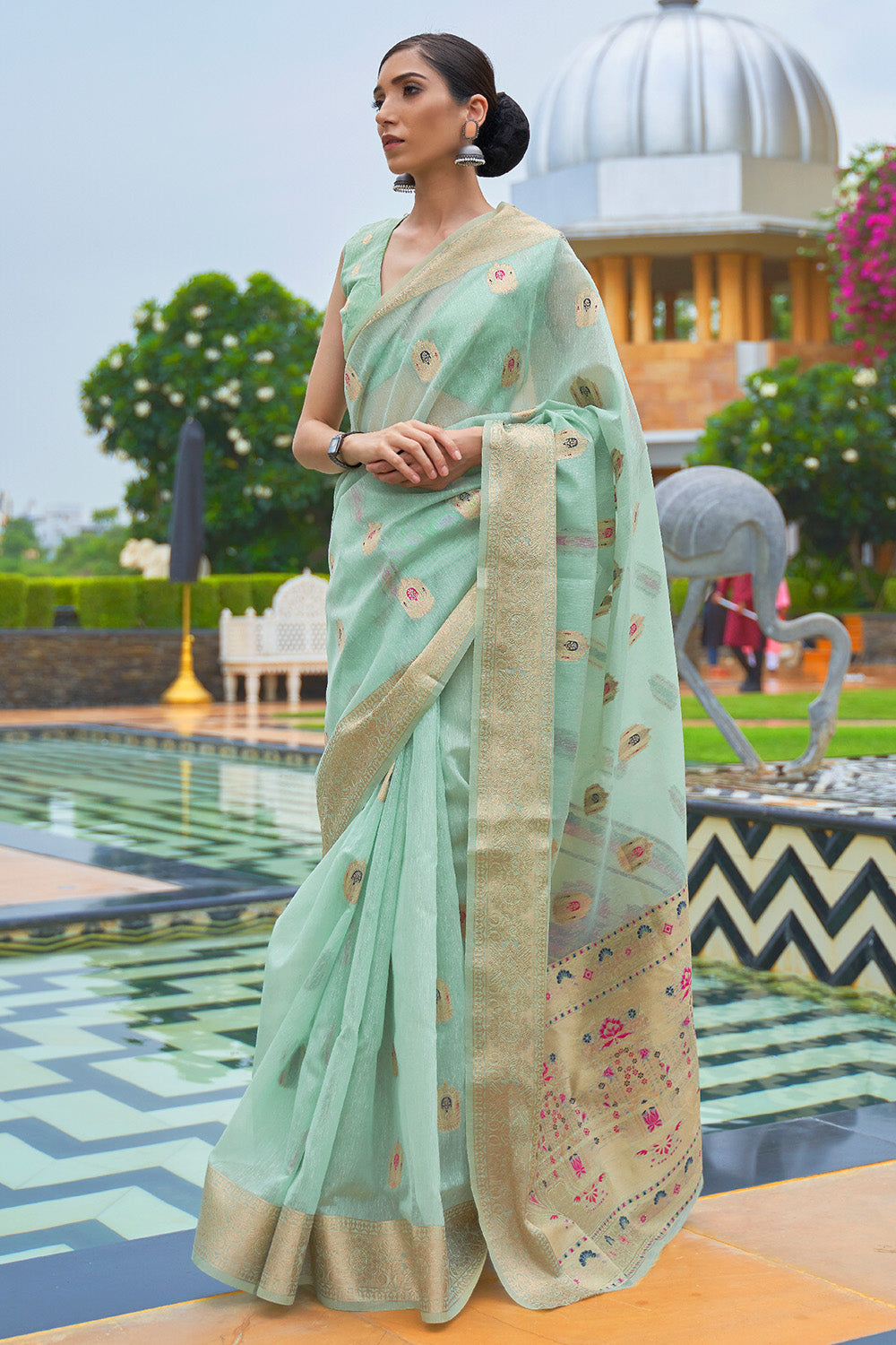 tiffany blue linen saree 3