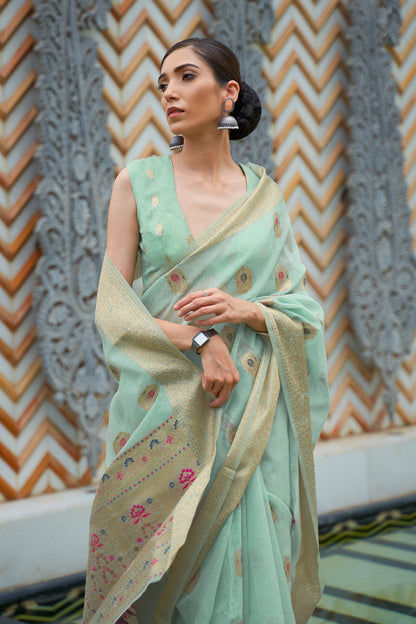 tiffany blue linen saree 4