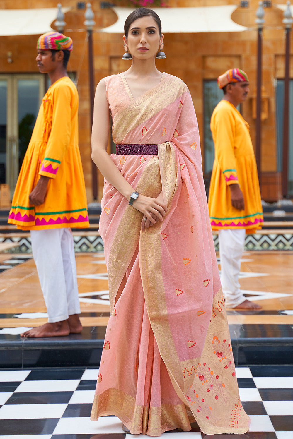 rose pink linen saree 1 2