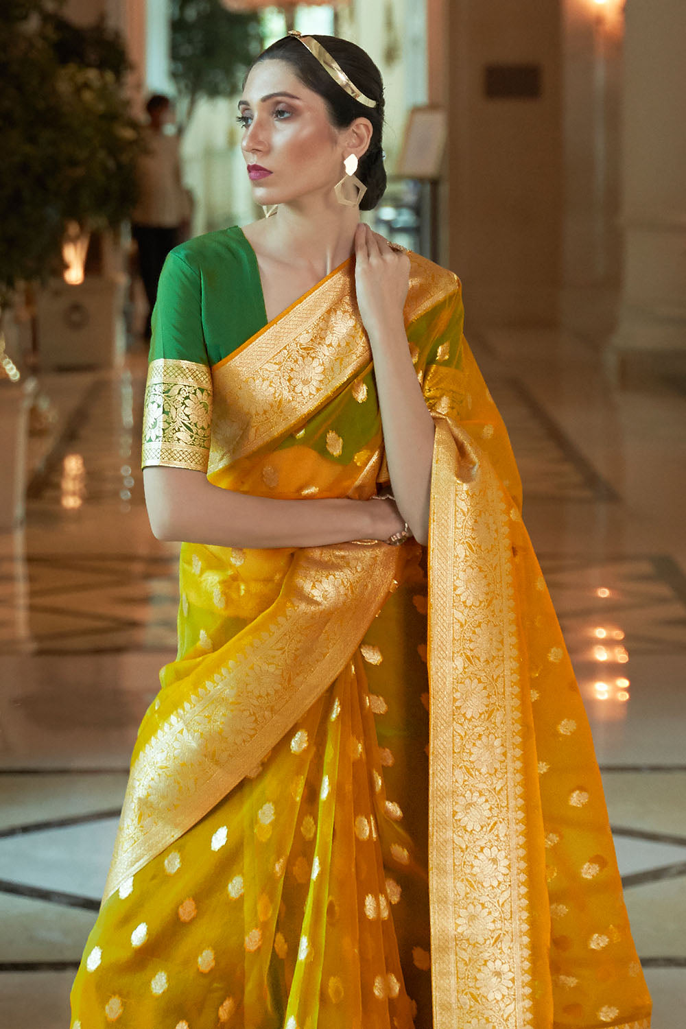 bumblebee yellow organza silk saree 1