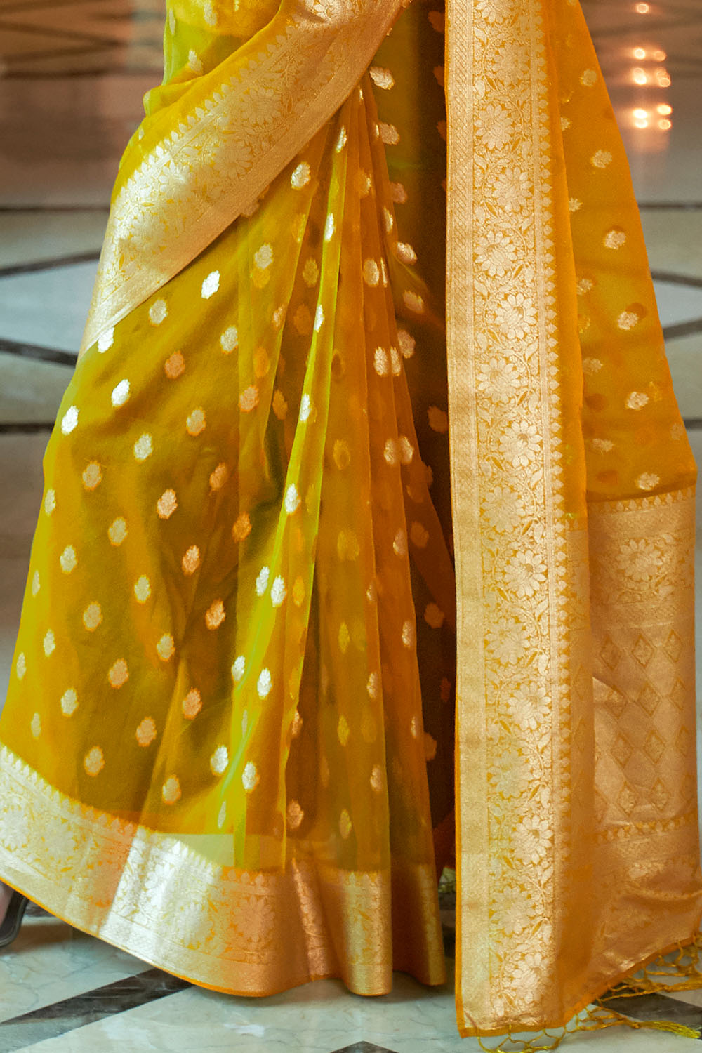 bumblebee yellow organza silk saree 2