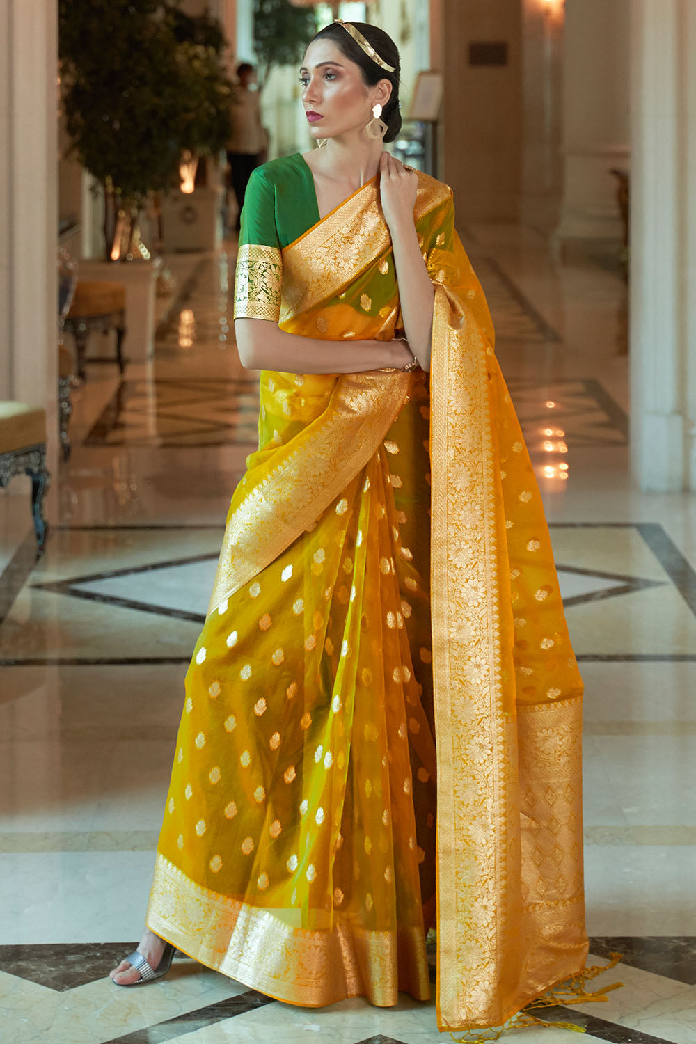 bumblebee yellow organza silk saree 3