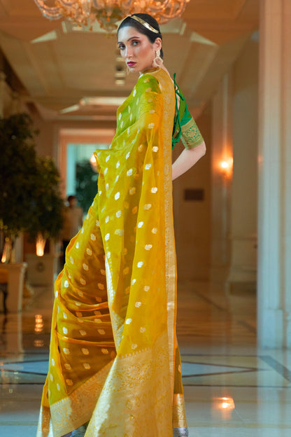 bumblebee yellow organza silk saree 4