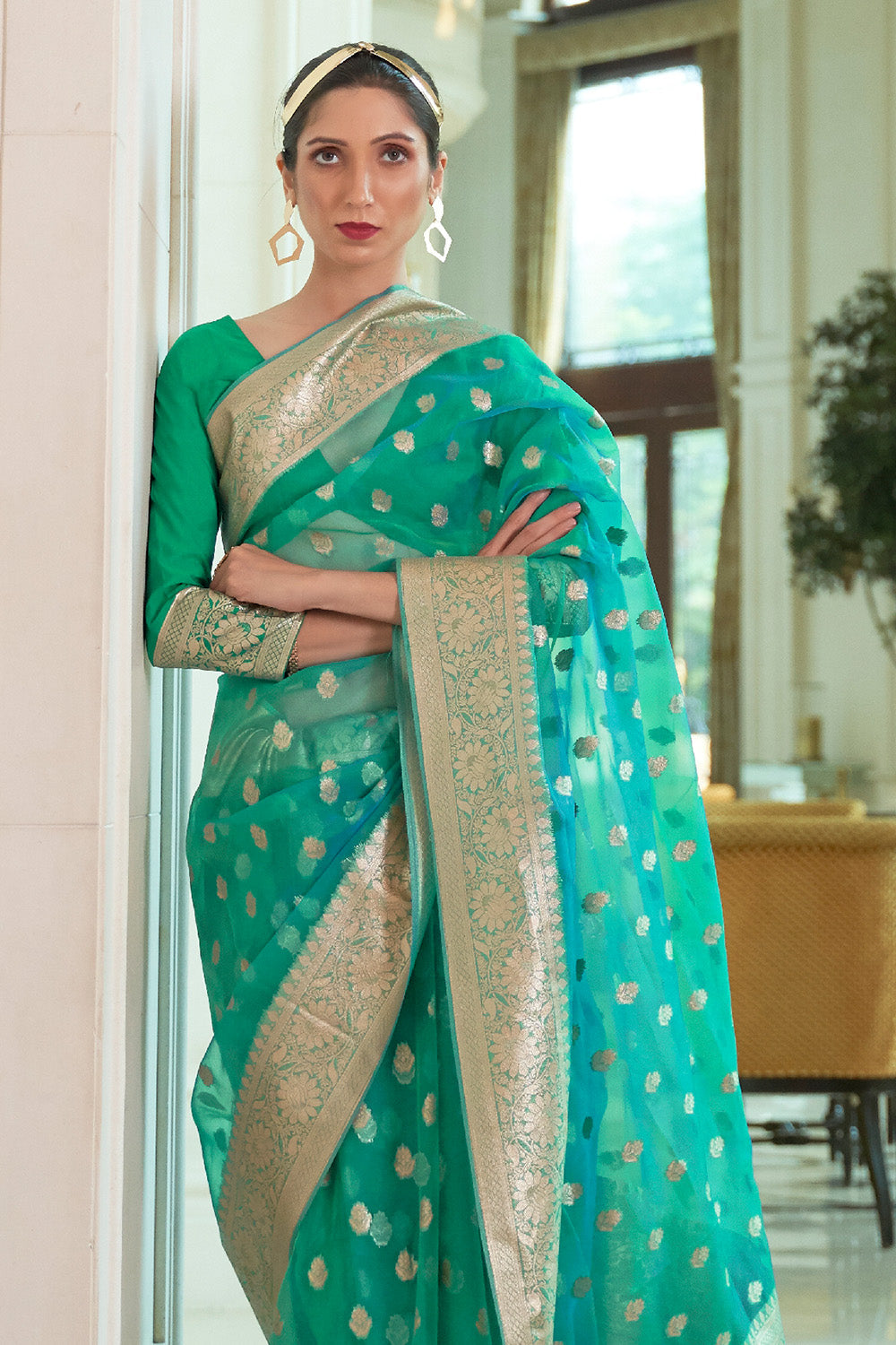 pine green organza silk saree 1