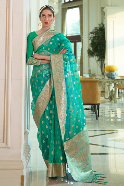 pine green organza silk saree 3