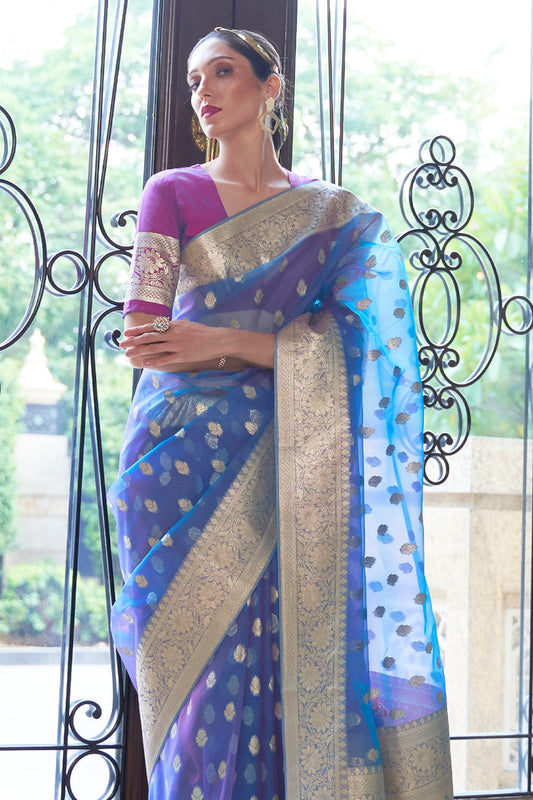 egyptian blue organza silk saree 1