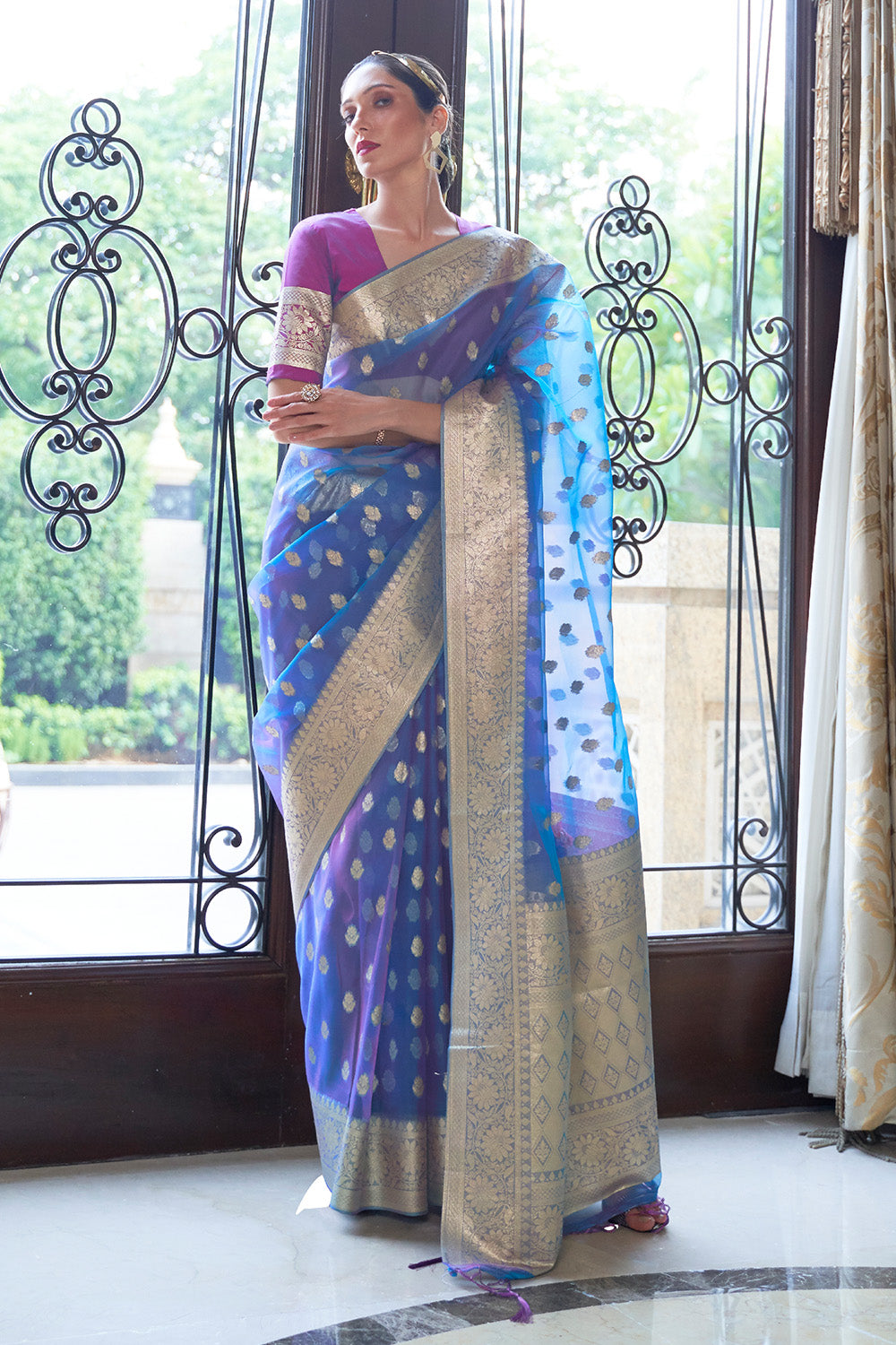 egyptian blue organza silk saree 3