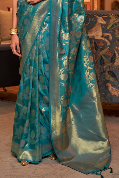 teal blue kanjivaram saree 3 4