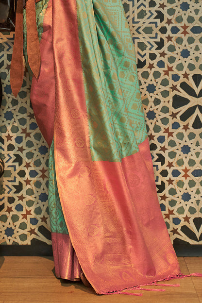 mint green kanjivaram silk saree with pink border 2