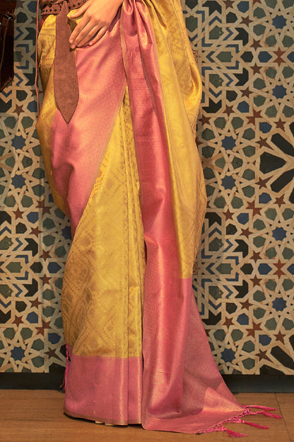 musturd yellow kanjivaram saree with pink border 2