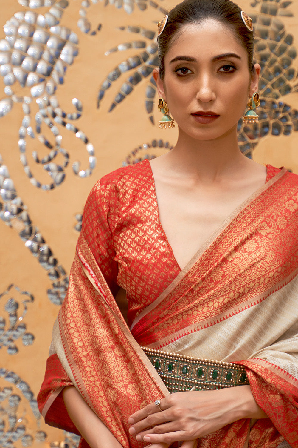 Buy Off-White & Red Sarees for Women by Indie Picks Online | Ajio.com