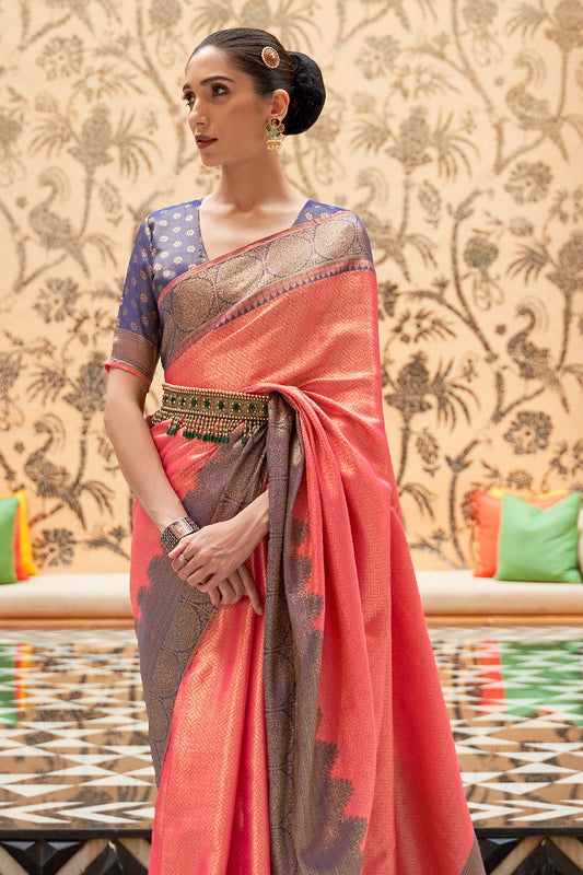 coral pink orange kanjivaram saree 1