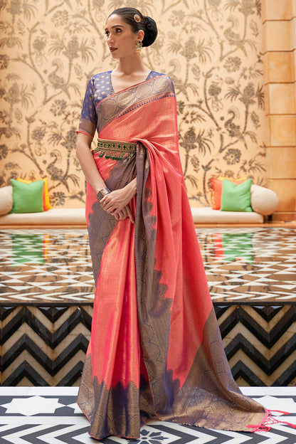 coral pink orange kanjivaram saree 3