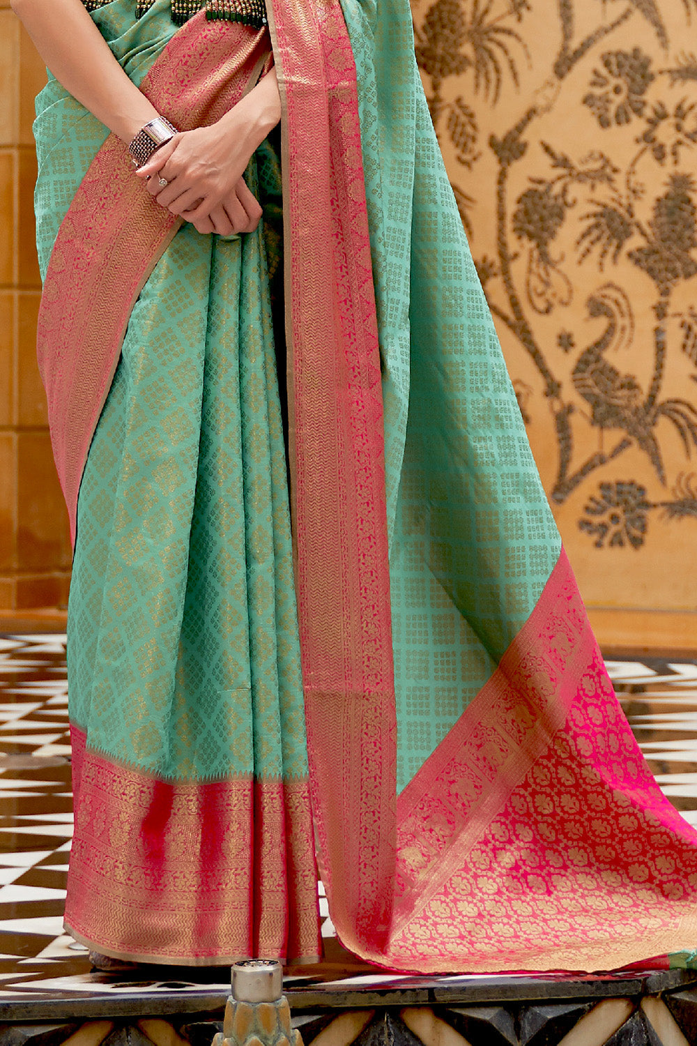 turquoise blue kanjivaram saree 1 4