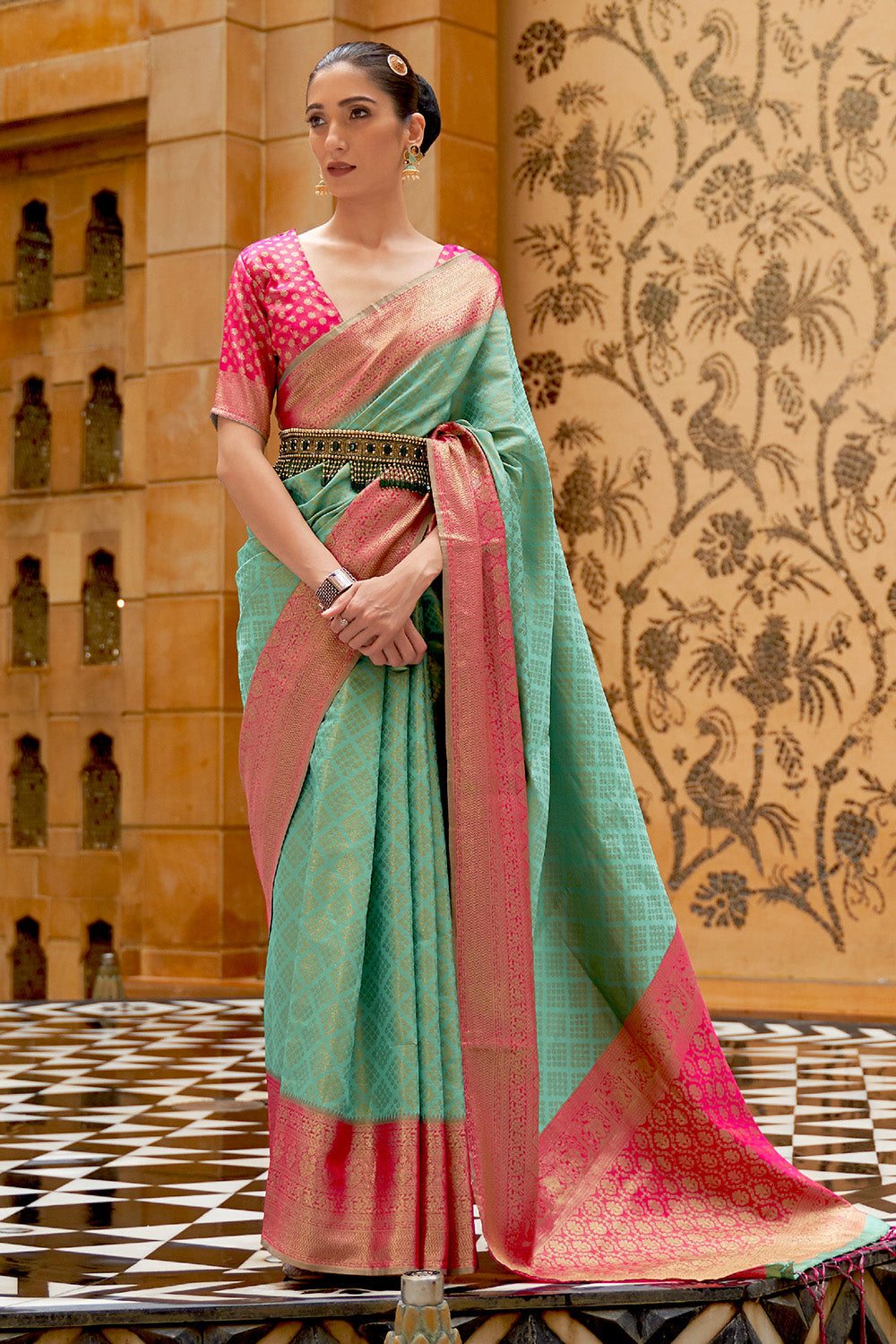 turquoise blue kanjivaram saree 1 3