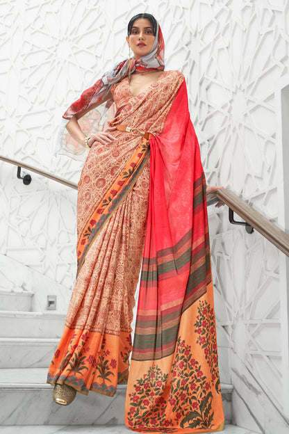 honey yellow and orange satin saree 3