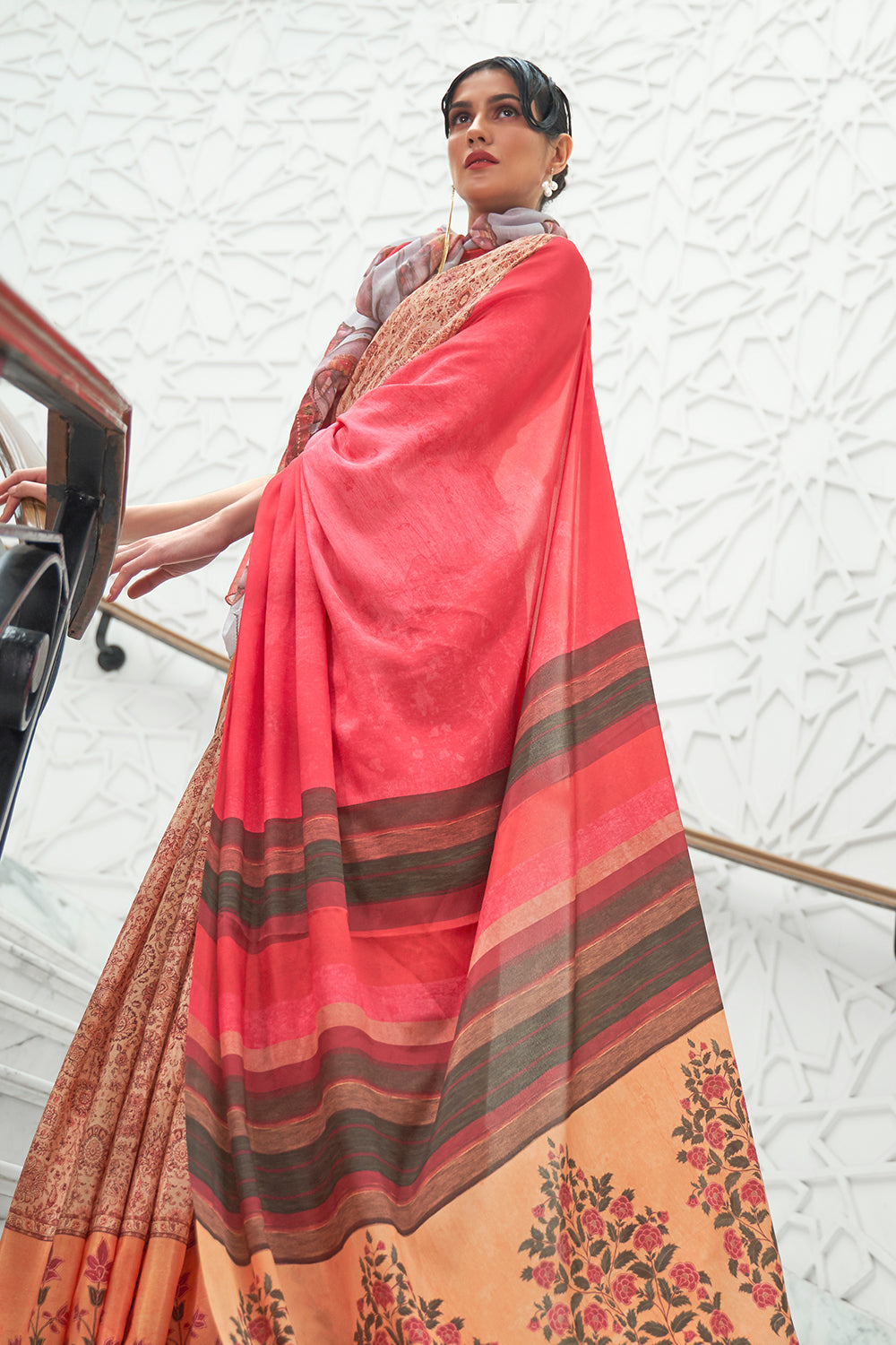 honey yellow and orange satin saree 4