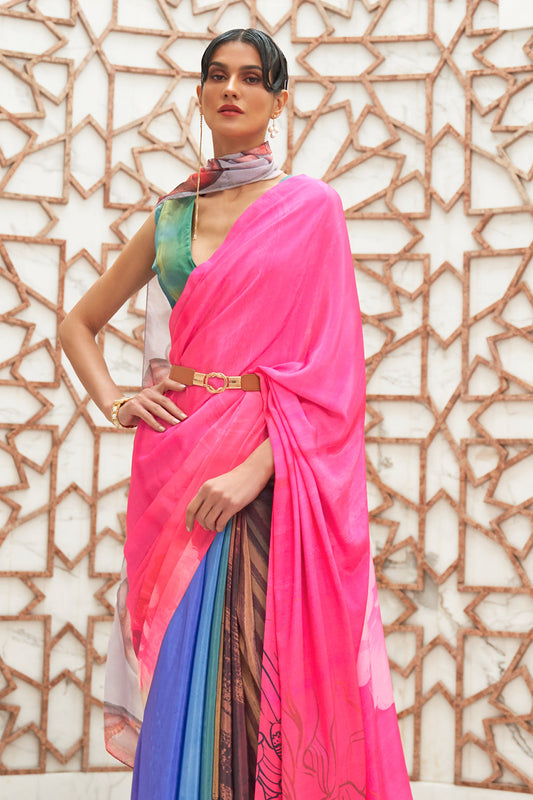 hot pink and blue satin saree 1