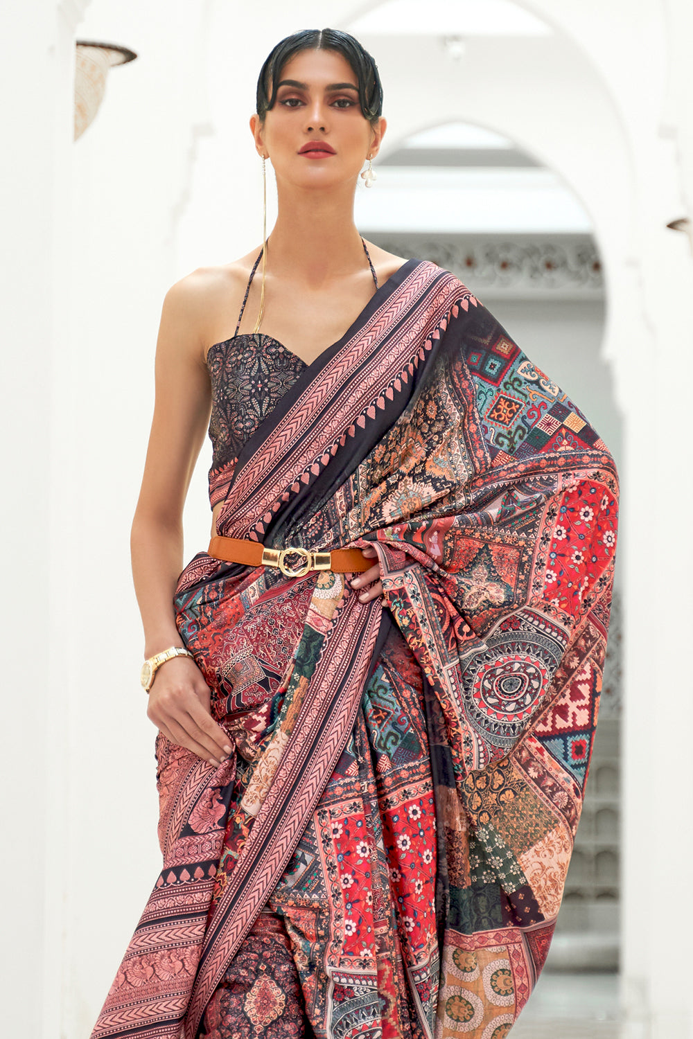 black digital print satin saree with pink border 1