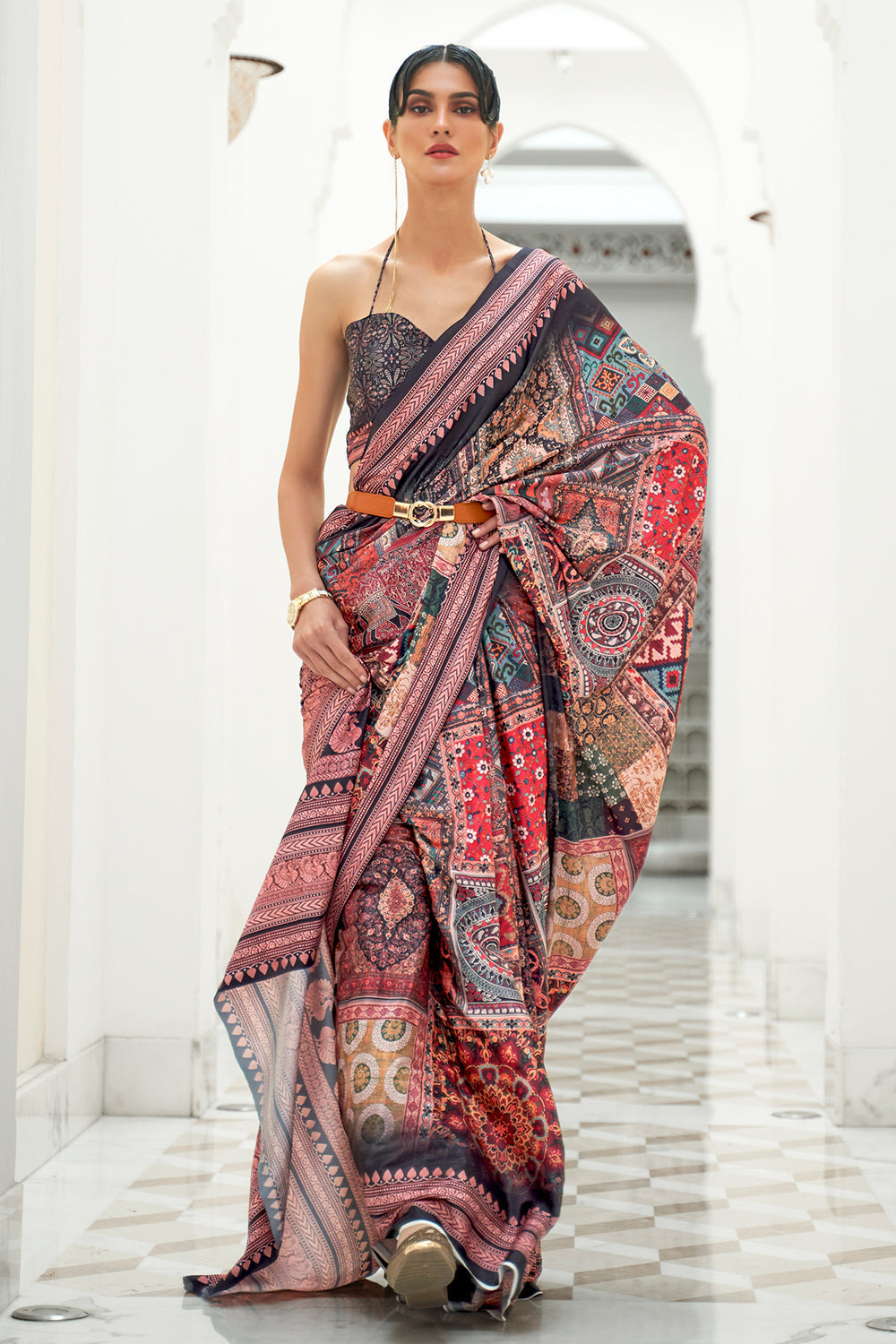 black digital print satin saree with pink border 3