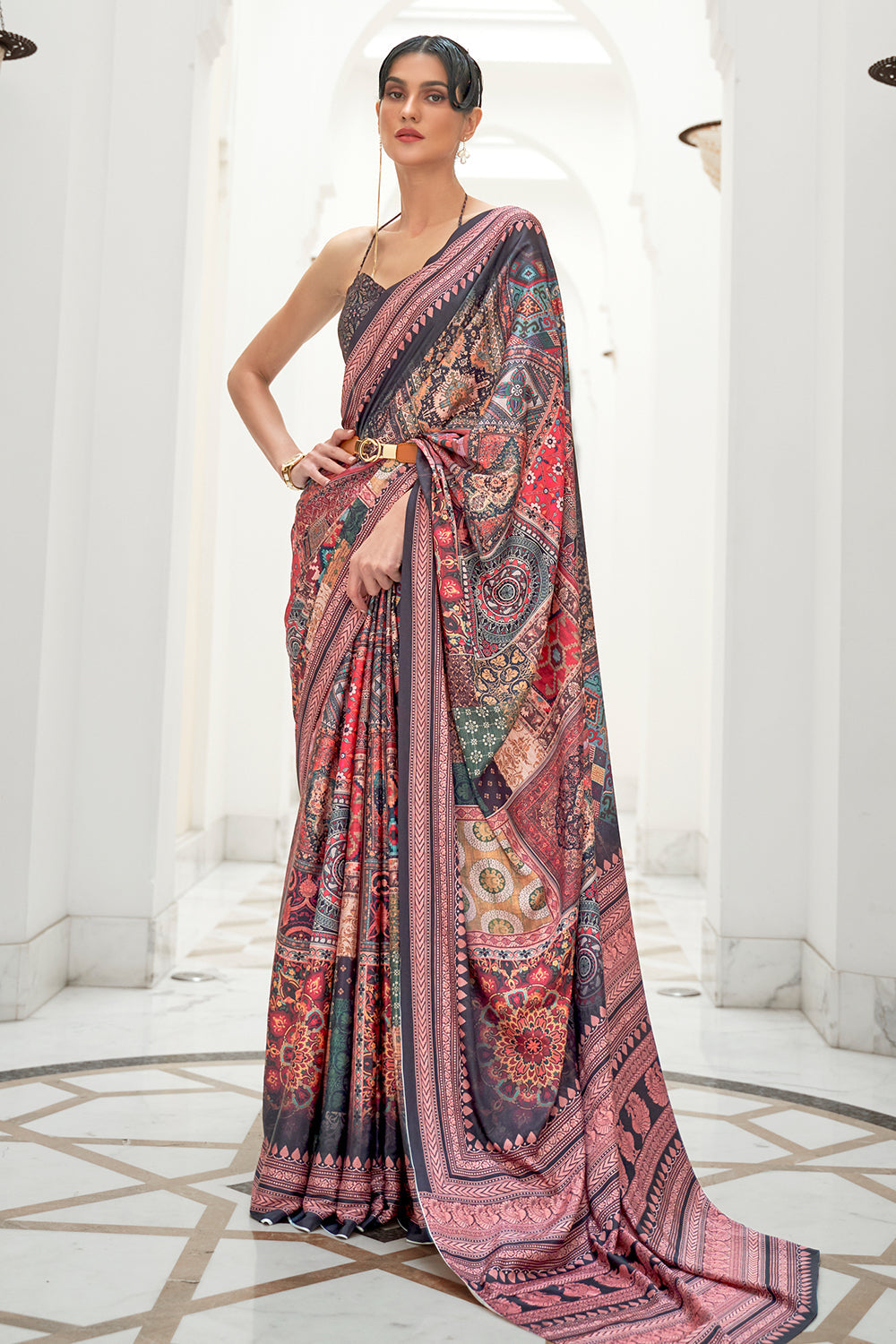 black digital print satin saree with pink border 4