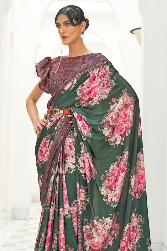 forest green satin saree 1