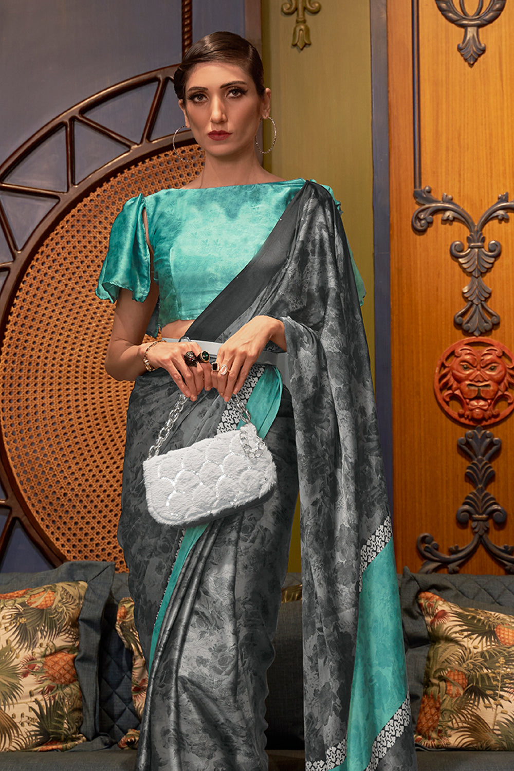 slate black and green satin silk saree 1