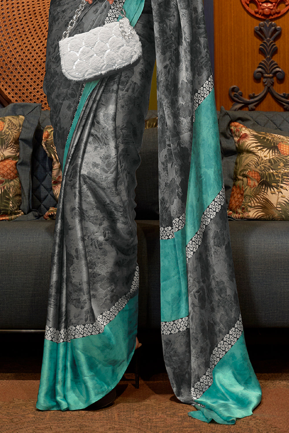 slate black and green satin silk saree 2