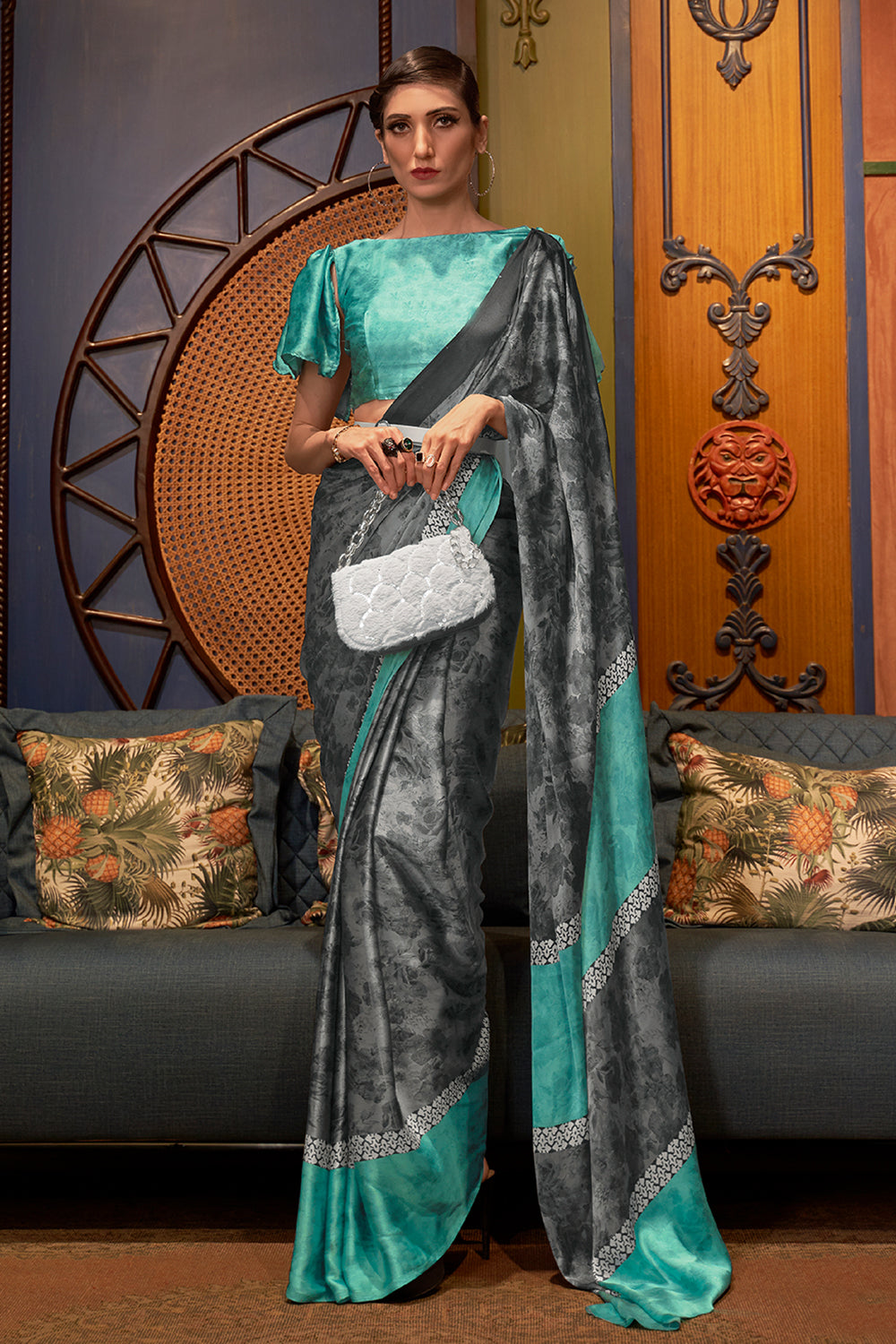 slate black and green satin silk saree 3