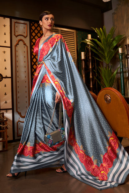 pewter grey satin silk saree 3