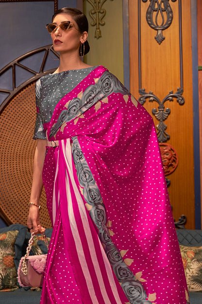 magenta pink satin silk saree 1