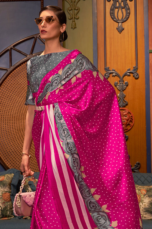 magenta pink satin silk saree 1