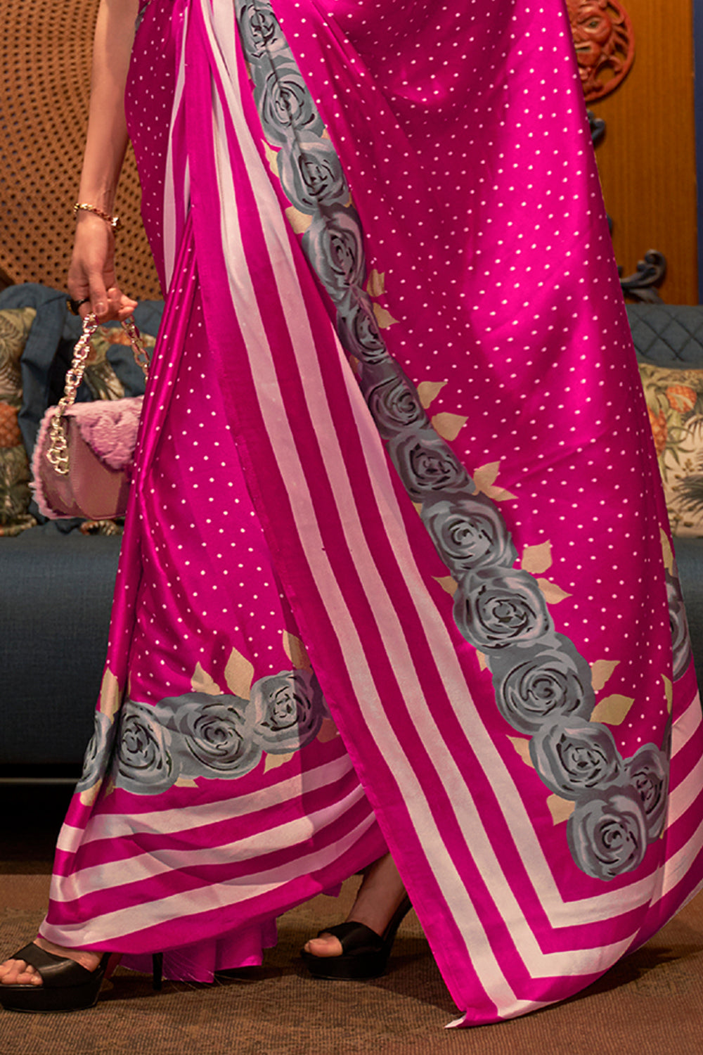 magenta pink satin silk saree 2