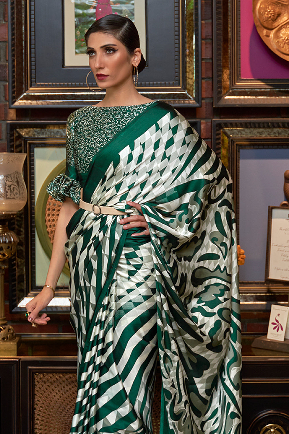 white and green satin silk saree 1