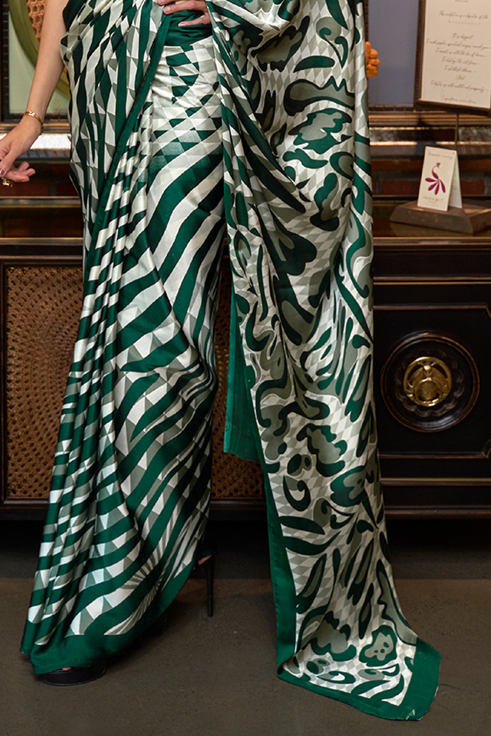 white and green satin silk saree 2