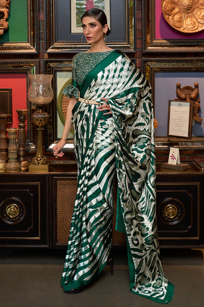 white and green satin silk saree 3