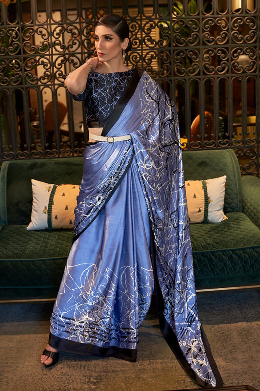 cobalt blue satin silk saree 3