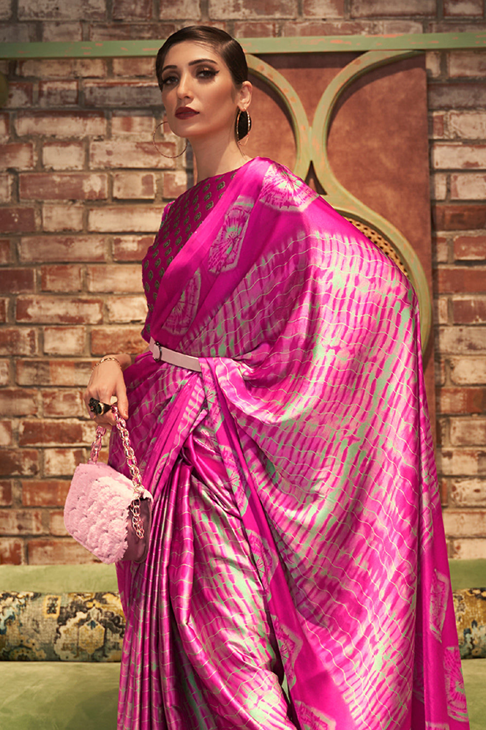 hot pink satin silk saree 1 1