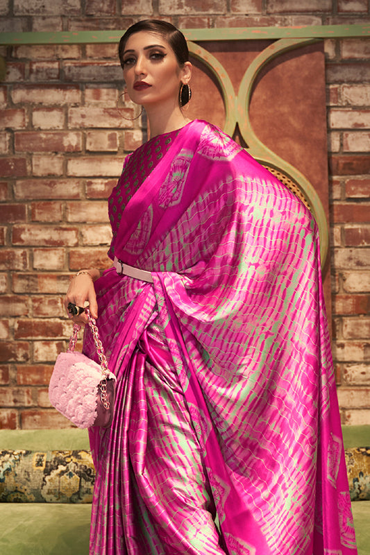 hot pink satin silk saree 1 1